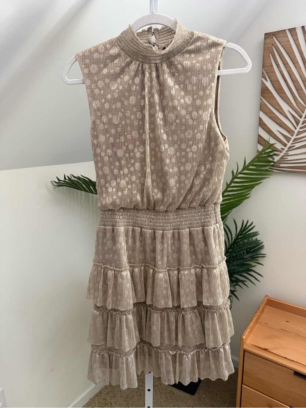 MSK Sleeveless Gold Metallic Polka Ruffle Tiered Dress M